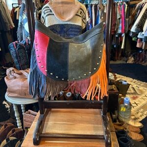 Colorful Leather Fringe and Studded Crossbody Bag